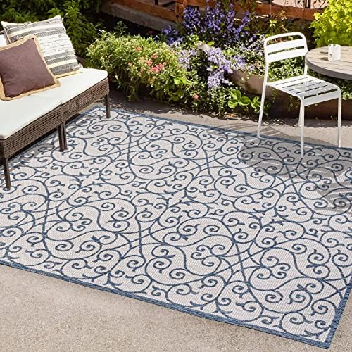 JONATHAN Y Vintage Filigree Indoor Outdoor Area Rug 3X5 Blue/Cream, Madrid Textured Weave for Backyard, Patio, Porch, Easy-Cleaning, High Traffic, Pet-Friendly, Non-Shedding (SMB107F-3) - Image 3