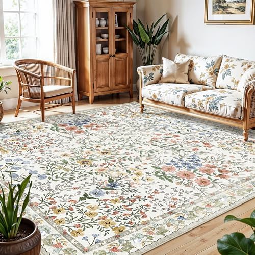 8x8 Square Area Rug Living Room, Non-Slip Floral Washable 8ft Square Rug Low Pile Thin Indoor Carpets for Dining Room Bedroom Office High Traffic Area Boho Vintage Home Decor (8ft Square, Beige) by YOUFORTONG
