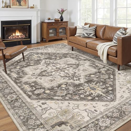 10x14 Area Rugs for Living Room - Large Carpet Ultra Thin Soft Washable Oriental Vintage Floral Distressed Big Indoor Carpets for Bedroom Nursery Dorm Home Decor Aesthetic - Dark Brown by homewill