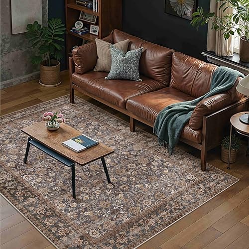 HUGEAR 5x7 Brown Blue Vintage Floral Washable Area Rug for Living Room - Image 3