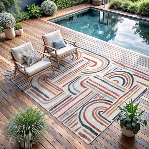CAMILSON Indoor Outdoor Rug, Multicolor 10x14 Geometric Arch Striped Large Area Rugs for Patio and Home Areas, Easy-Cleaning Non-Shedding Living Room, Garden and Deck Washable Outside Carpet 10 x 14 by CAMILSONIndoorOutdoorAreaRugs