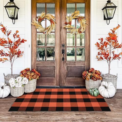 Orange and Black Plaid Rug, 24'' x 51'' Fall Outdoor Front Door Decor Mat, Cotton Washable Hand-Woven Rug for Layered Doormat, Autumn Halloween Thanksgiving Carpet for Porch, Entryway by Homydecor
