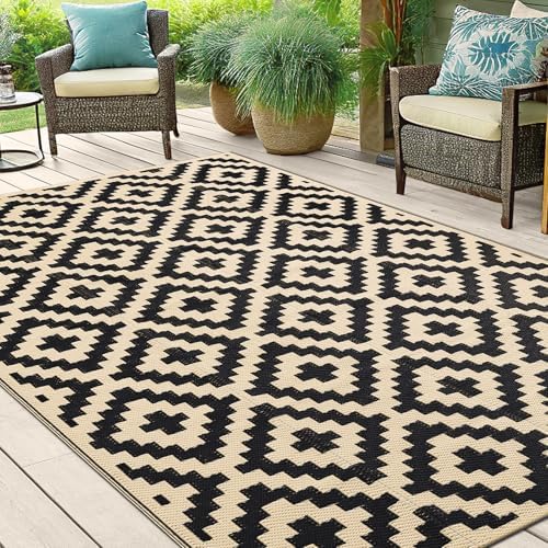 Smiry Outdoor Rug 5x8 ft Waterproof Reversible Boho Mat, Black & Beige - Image 6