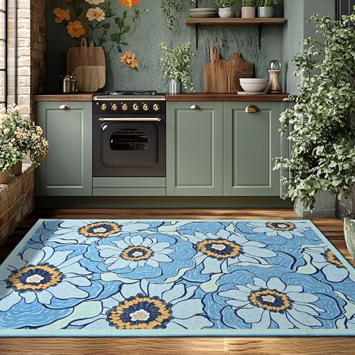 Area Rug 4x6 Blue Rug Washable Boho Rugs Non Slip Vintage Rugs Low Pile Floral Small Carpet for Living Room, Bedroom, Bedside, Kids Room, Office, Dining Room - Image 2