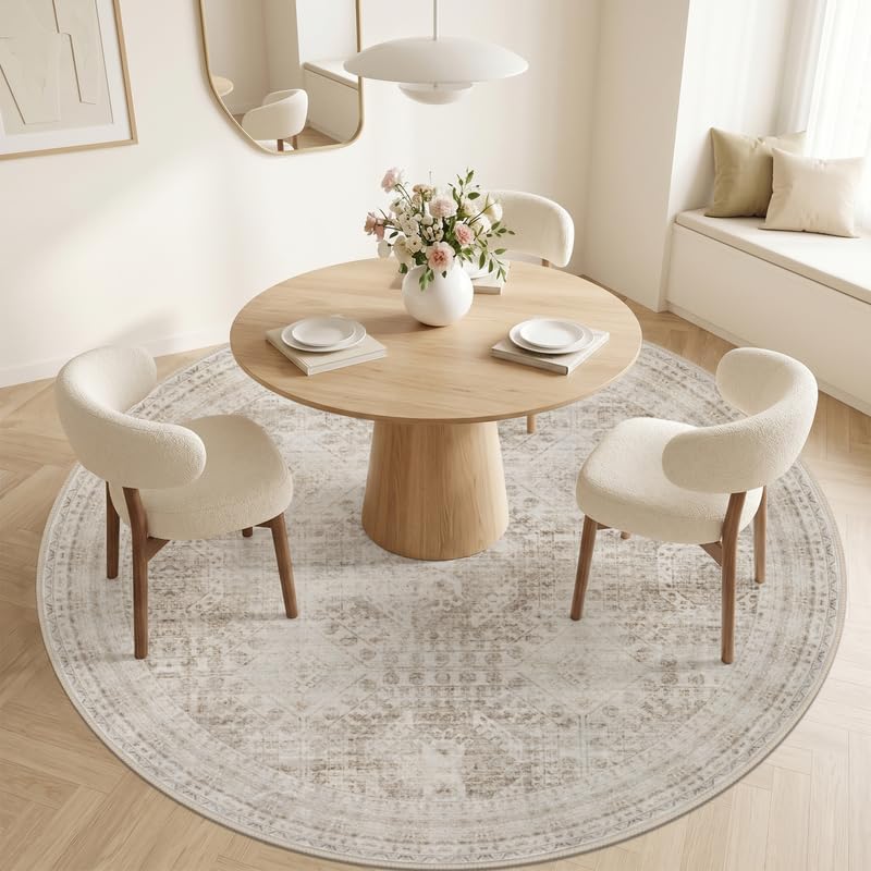 Round Area Rug Living Room: 8ft Neutral Washable Carpet Rug Brown - Image 2
