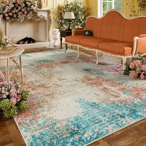 Lahome Abstract Area Rugs 9x12 for Living Room, Washable Ultra Thin Soft Bedroom Rug Stain Resistant, Multi Color Indoor Modern Large Floor Throw Carpet for Dining Room Playroom by Lahome