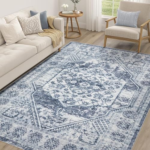 cotiled 5x7 Area Rug for Living Room, Washable, Traditional, Distressed Blue by COTILED