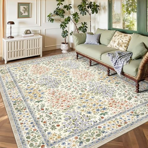 6x9 Area Rugs, Washable Floral Area Rugs for Living Room, Indoor Area Rug for Bedroom, Dining Room, Low Pile Non-Slip Non Shedding Rug(Beige Floral) by Yarooge