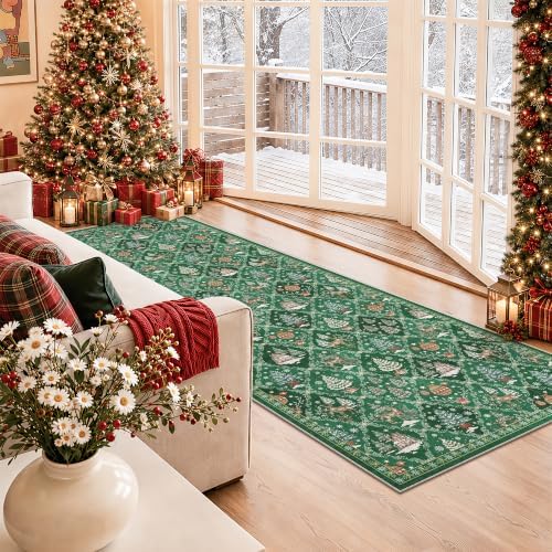 Christmas 3x8 Washable Kitchen Runner Rug, Green Non Slip Low Pile Rug by Soalmost