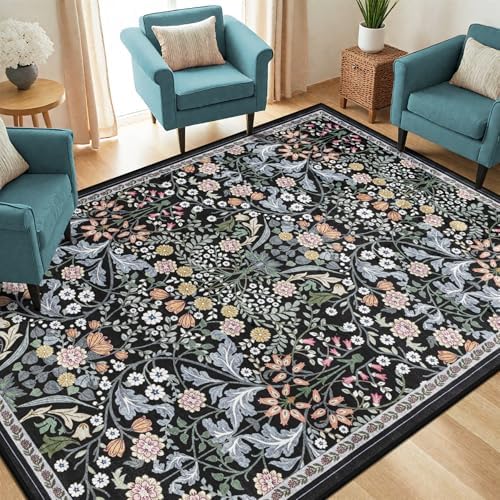 PLHXFR 6x9 Area Rug Living Room: Floral Washable Boho Carpet Dark Black - Image 2