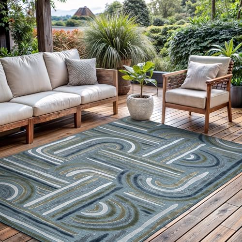 CAMILSON Indoor Outdoor Rug, Aqua 6x9 Geometric Arch Striped Area Rugs for Patio and Home Areas, Easy-Cleaning Non-Shedding Living Room, Garden and Deck Washable Outside Carpet (6 x 9) by CAMILSONIndoorOutdoorAreaRugs