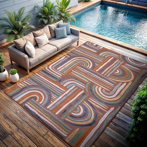 CAMILSON Indoor Outdoor Rug, Orange 9x12 Geometric Arch Striped Large Area Rugs for Patio and Home Areas, Easy-Cleaning Non-Shedding Living Room, Garden and Deck Washable Outside Carpet (9 x 12) by CAMILSONIndoorOutdoorAreaRugs