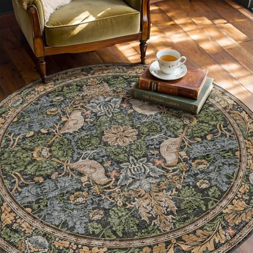 Hazo Haus Vintage 5ft Round Rug for Reading Corner, Bedroom, Farmhouse Dining Room, Soft Ultra-Thin Non-Slip Washable Rug, Forest Green Bird Floral Décor for Kitchen & Nursery by HazoHaus