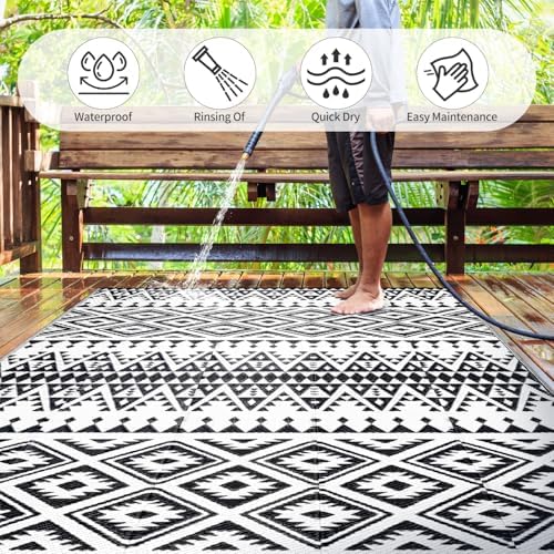 Waterproof Outdoor Rug 6x9ft, Bohemia Reversible Plastic Straw Mat for Patio RV Deck Porch Backyard Balcony Camping Picnic Beach Indoor Outdoor Carpet, Black&White - Image 3