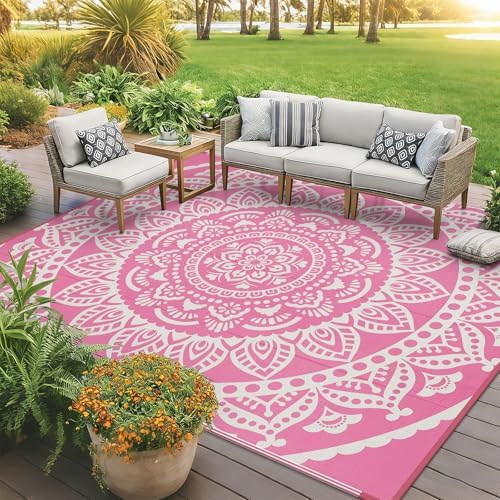 Bsmathom Waterproof Outdoor Rug 8'x10' Reversible Boho Plastic Straw Patio Deck Camping Rugs, Indoor Outdoor Portable RV Mat Clearance Carpet for Outside, Porch, Balcony, Backyard, Beach, Pool,Pink - Image 2