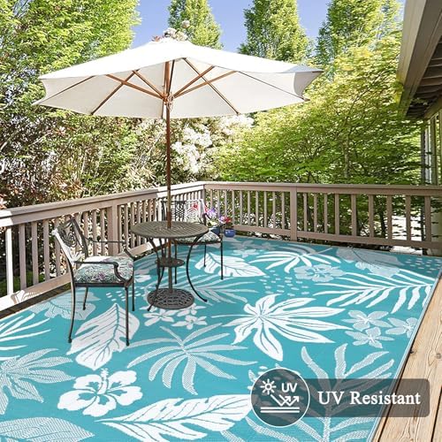 Pauwer Waterproof Outdoor Rug 9x12, Plastic Straw Patio Rug, Floral Teal - Image 4