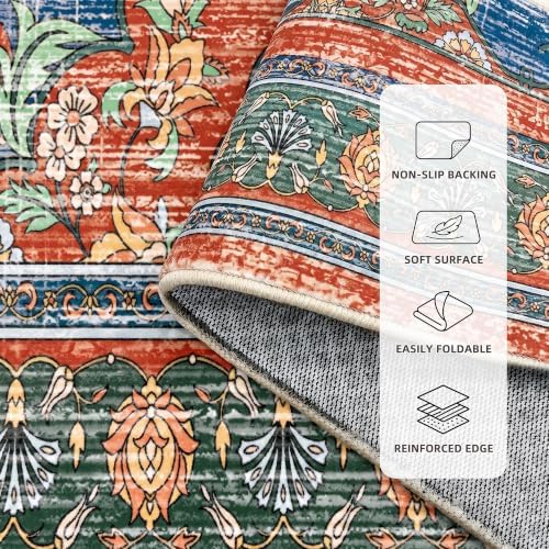 5x7 Area Rugs for Living Room, Boho Washable Non Slip Carpets, Retro Red - Image 4