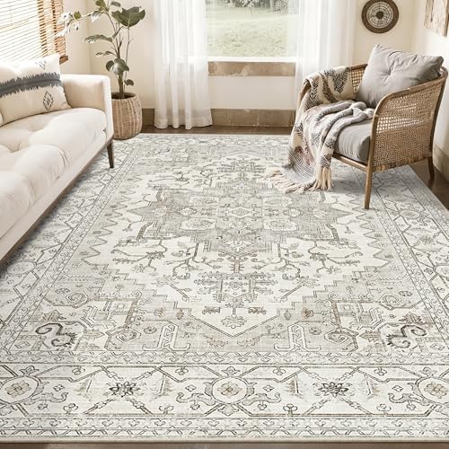 befbee Washable Area Rug 5x7, Neutral Floral Carpet for Living Room Beige - Image 3