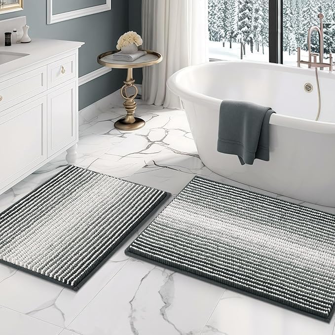 BSICPRO Bathroom Rugs Sets 2 Piece, Non Slip Striped Bath Mats, Blue Grey by BSICPRO