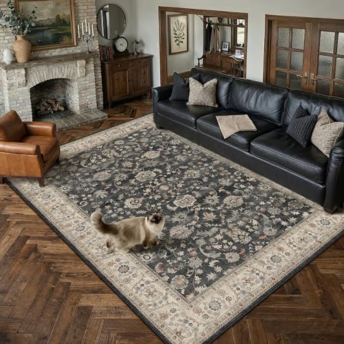 PureCozy Black Beige Area Rug 6x9 Vintage Floral Distressed by PureCozy