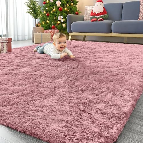 OLANLY 6x9 Machine Washable Large Area Rugs for Living Room, Bedroom, Soft Fluffy Shaggy Bedside Rug, Indoor Floor Carpet for Kids Girls and Boys, Dorms, Nursery, Home Decor Aesthetic, Pale Pink by OLANLY