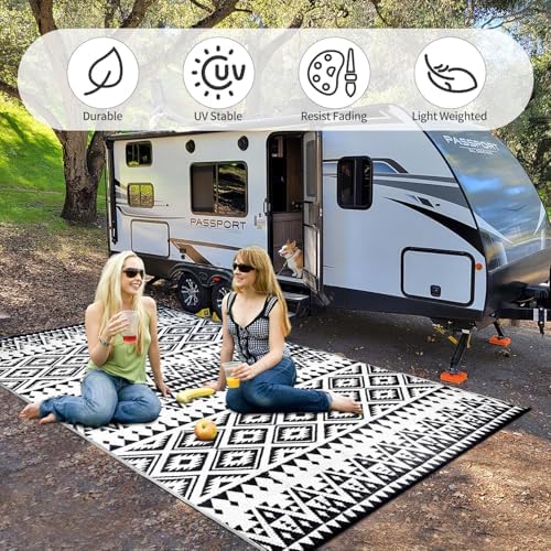 Waterproof Outdoor Rug 6x9ft, Bohemia Reversible Plastic Straw Mat for Patio RV Deck Porch Backyard Balcony Camping Picnic Beach Indoor Outdoor Carpet, Black&White - Image 5
