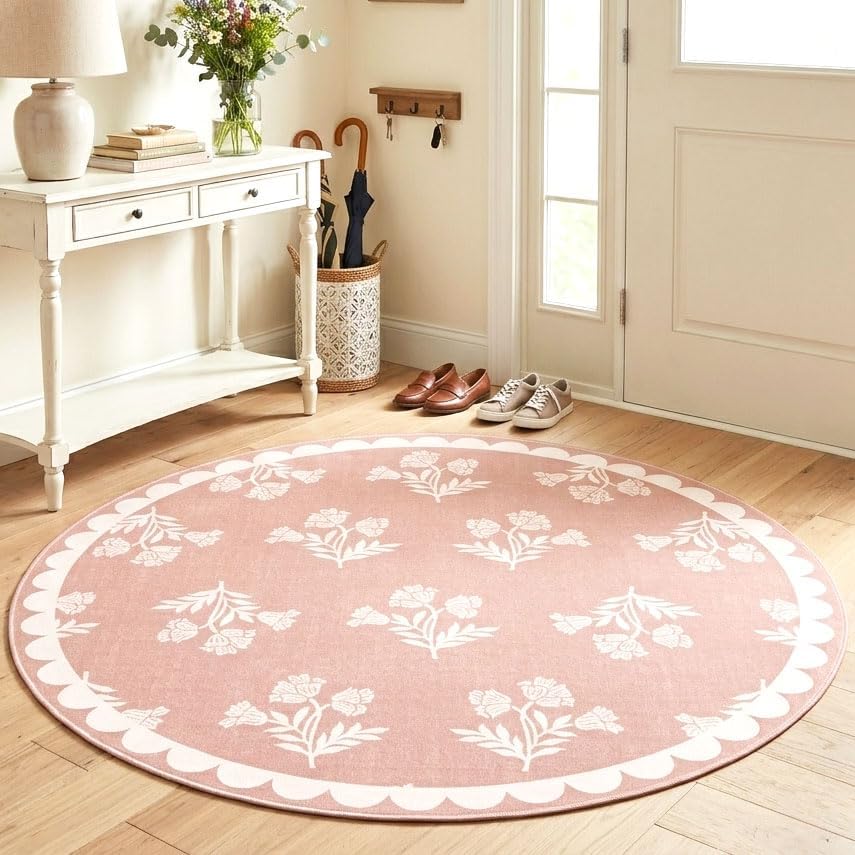 Pink Round Rug 4ft - Soft Washable Boho Floral Round Bedroom Rug - Image 7