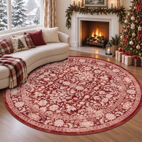 Washable 6ft Round Christmas Dorm Rug Soft Boho Xmas Red Throw Carpet - Image 4