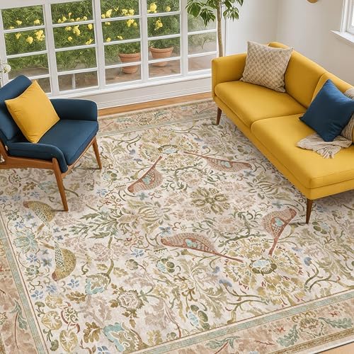 Washable Area Rugs 5x8 for Bedroom - Western Nature Rugs for Living Room, Dining Room,Playroom, Guest Room with Boho Beige Neutral Botanical & Bird Pattern, Non Slip Stain Resistant Low Pile - Image 6