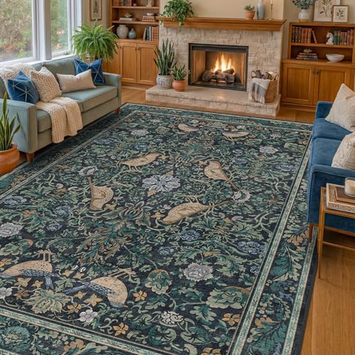 Soft Washable 9x12 Area Rug for Living Room, Bedroom Stain Resistant - Dark Blue Dining Rugs for Under Table, Non-Slip 9 by 12 Low Pile Boho Room Décor for Bedroom, Vintage Bird Floral Design Carpet by HazoHaus
