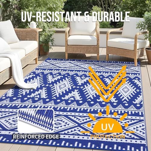 OLANLY Outdoor Rug 9x12 ft Waterproof Reversible Boho Mat, Blue & White - Image 4