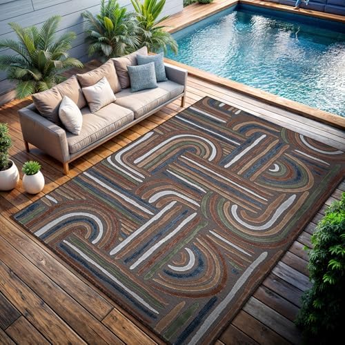 CAMILSON Indoor Outdoor Rug, Brown 8x10 Geometric Arch Striped Area Rugs for Patio and Home Areas, Easy-Cleaning Non-Shedding Living Room, Garden and Deck Washable Outside Carpet (8 x 10) - Image 4