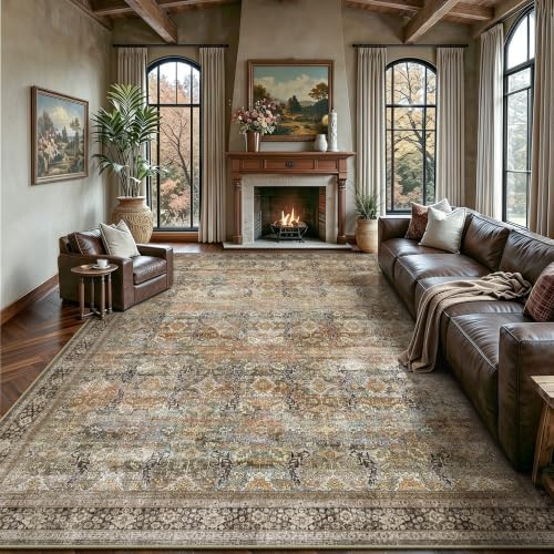 8x10 Area Rugs for Living Room - Washable Vintage Retro Large Rug, Soft Ultra Thin Non Slip Low Pile Traditional Distressed Boho Carpet for Bedroom Dining Room Home Office, Beige & Terracotta by Yarooge