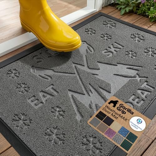 GORILLA GRIP WeatherMAX Door Mat, Indoor Outdoor, 29x17, Charcoal Skiing by GorillaGrip