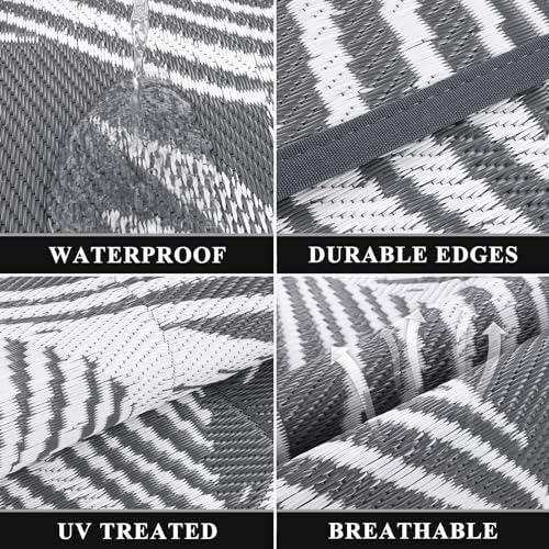 Pauwer Waterproof Outdoor Rug 9x12, Plastic Straw Patio Rug, Leaf Grey - Image 3