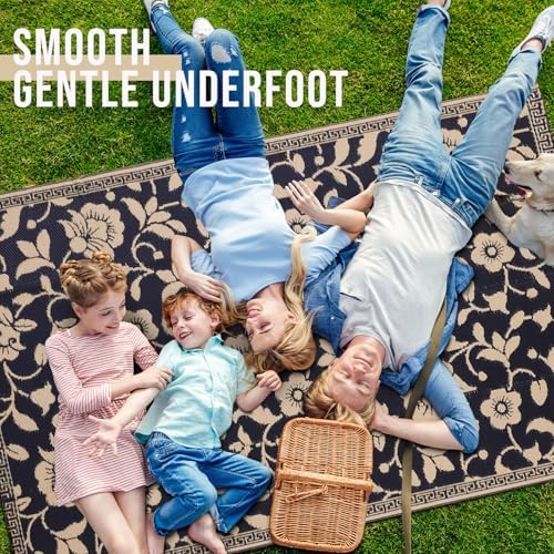 OLANLY Outdoor Rug 4x6 ft Waterproof Reversible Floral Mat, Black & Beige - Image 5