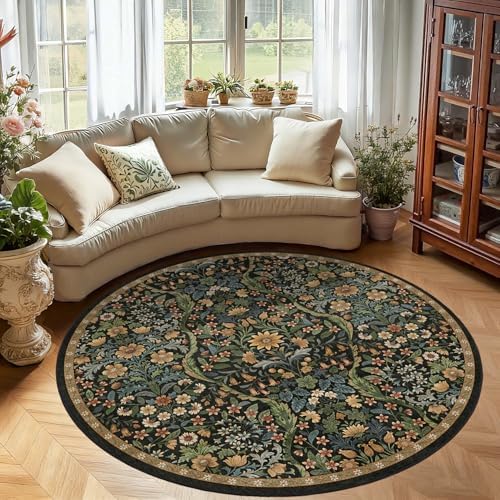 Round Rug 6ft Floral Circle Rug Brown Botanical Indoor Area Rug - Image 2