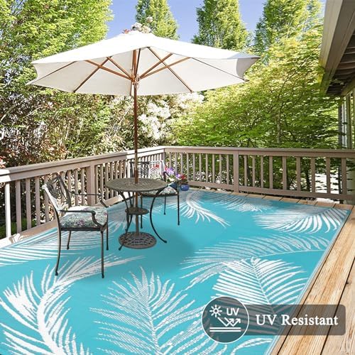 Pauwer Waterproof Outdoor Rug 5x8, Plastic Straw Patio Mat, Leaf Teal - Image 4