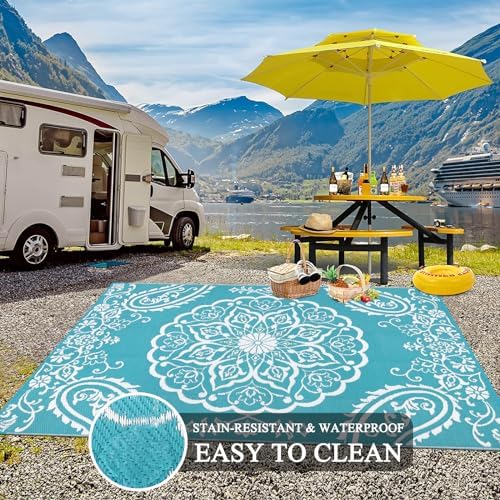 Pauwer Outdoor Rug 10x14, Waterproof Plastic Straw Camping Rug, Boho Teal - Image 4