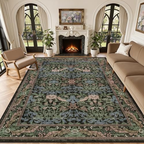 10x14 Area Rug Living Room: Soft Floral Washable Carpet Brown Green by EXPEDIX