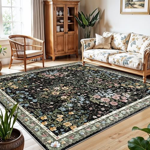 Vintage Floral Dining Room Rug 7x7-7ft Square Low Pile Non Slip Machine Washable Area Rug, Indoor Carpet for Under Table/Bed Living Room Bedroom Office Nursery Entryway Playroom (7ft Square, Black) - Image 3