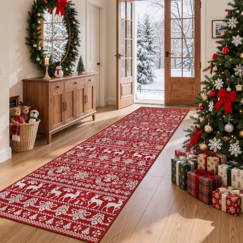Miukiki 2x8 Christmas Runner Rug Hallway Washable Non Slip Kitchen Rug Red by Miukiki
