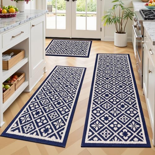 Ileading Kitchen Mat Sets 3 Piece Washable Navy Kitchen Floor Runner Rugs by Ileading