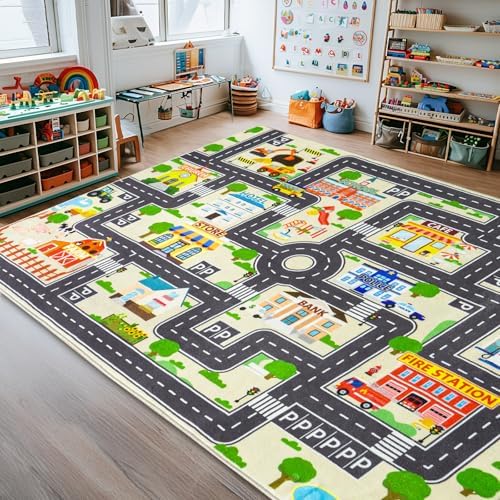 6'x9' Car Rug Play Mat for Kids, Road Traffic Playmat for Kids Room by PlumlikHomeDecor