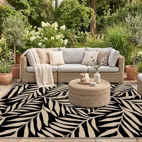 Smiry Outdoor Rug 5x8 ft Waterproof Reversible Leaf Mat, Black & Beige - Image 5