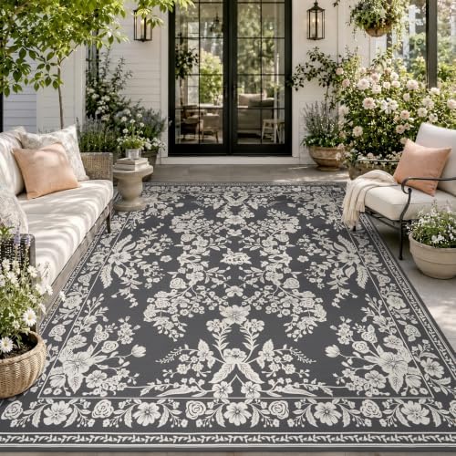 AMOAMI-Outdoor Rug-Patio Rug 8x10 ft Quick Dry Machine Washable Flatweave Textured Outdoor Carpet with Rubber Particles Backing Indoor Outdoor Rugs for Patio Deck Front Porch Balcony Greyish Black by AMOAMI