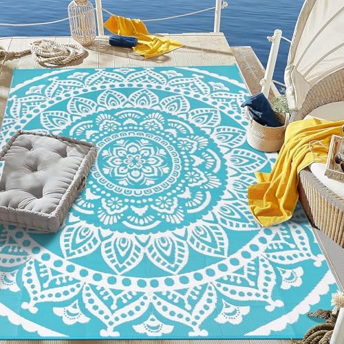 Bsmathom Waterproof Outdoor Rug 8'x10' Reversible Boho Plastic Straw Patio Deck Camping Rugs, Indoor Outdoor Portable RV Mat Clearance Carpet for Outside, Porch, Balcony, Backyard, Beach, Flower Teal - Image 3