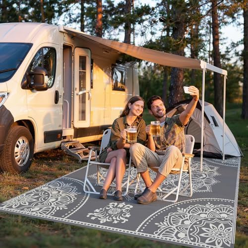 Pauwer Waterproof Outdoor Rug 8x10, Plastic Straw Patio Mat, Floral Grey - Image 7