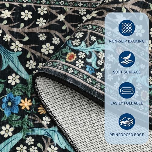 GarveeHome Floral Area Rugs 5x7, Washable Rug for Living Room, Bedroom, Low Pile Non Slip Stain Resistance Indoor Boho Carpet Mat for Farmhouse, Dining Room, Office, Black - Image 6