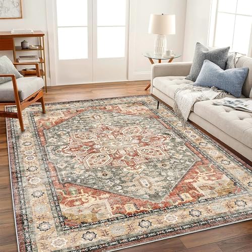 CHAMPLANT Area Rug 5'x7' Red Khaki Washable Vintage Traditional Floor Cover Thin Retro Kitchen Indoor Distressed Non Slip Carpet Floral Print Area in Living Room Bedroom Dining Room by CHAMPLANT